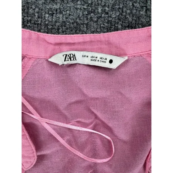 ZARA M Pink‎ Linen Cotton Button Front Shirt Dress Tunic Long Sleeve High Low - Picture 2 of 7